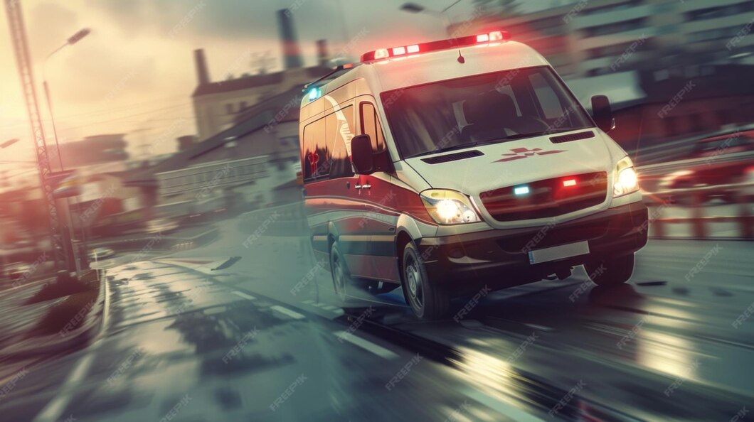 red white ambulance is speeding down road 248459 82882